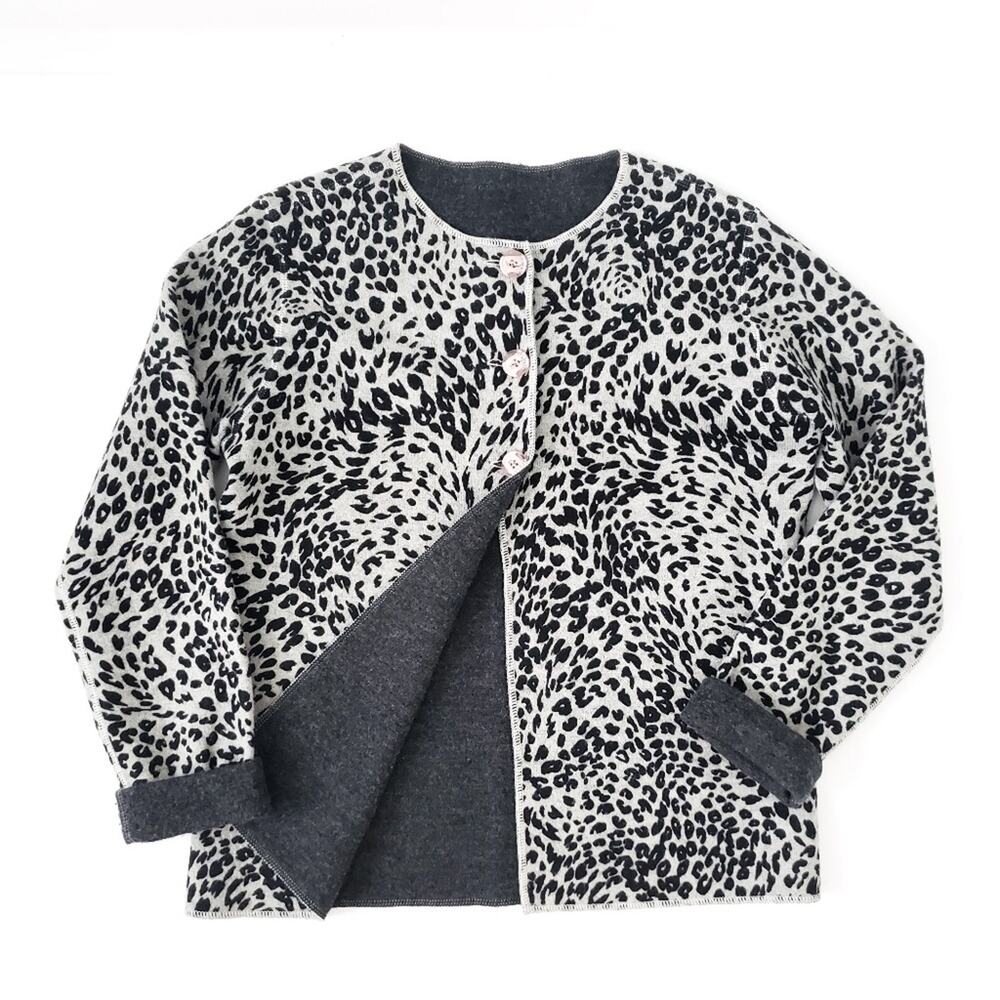 Austin Reed 100% Wool Leopard Cardigan Gray Black Neutral, Long Sleeve Sweater